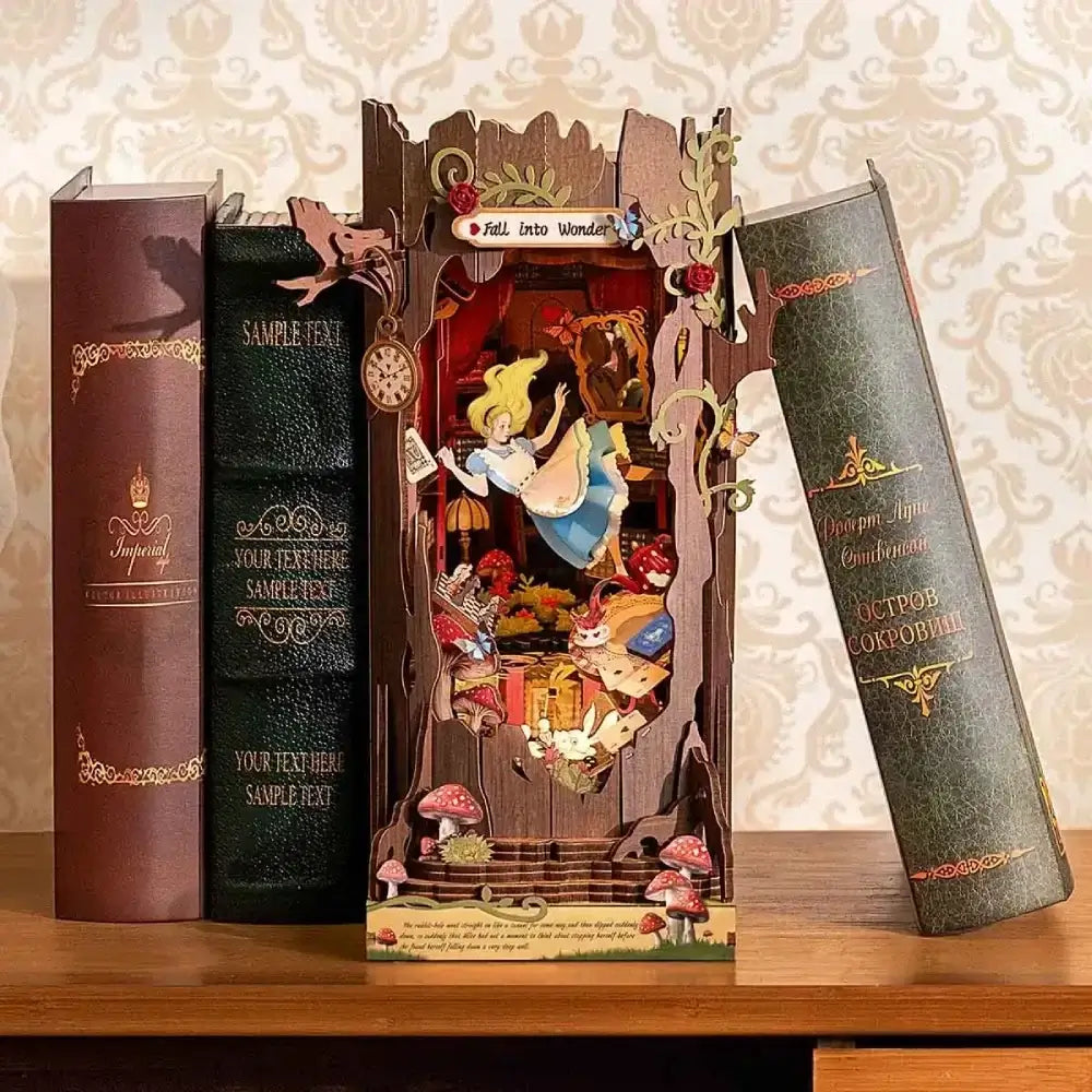 Alice in Wonderland book nook kit display, perfect for readers and crafters.