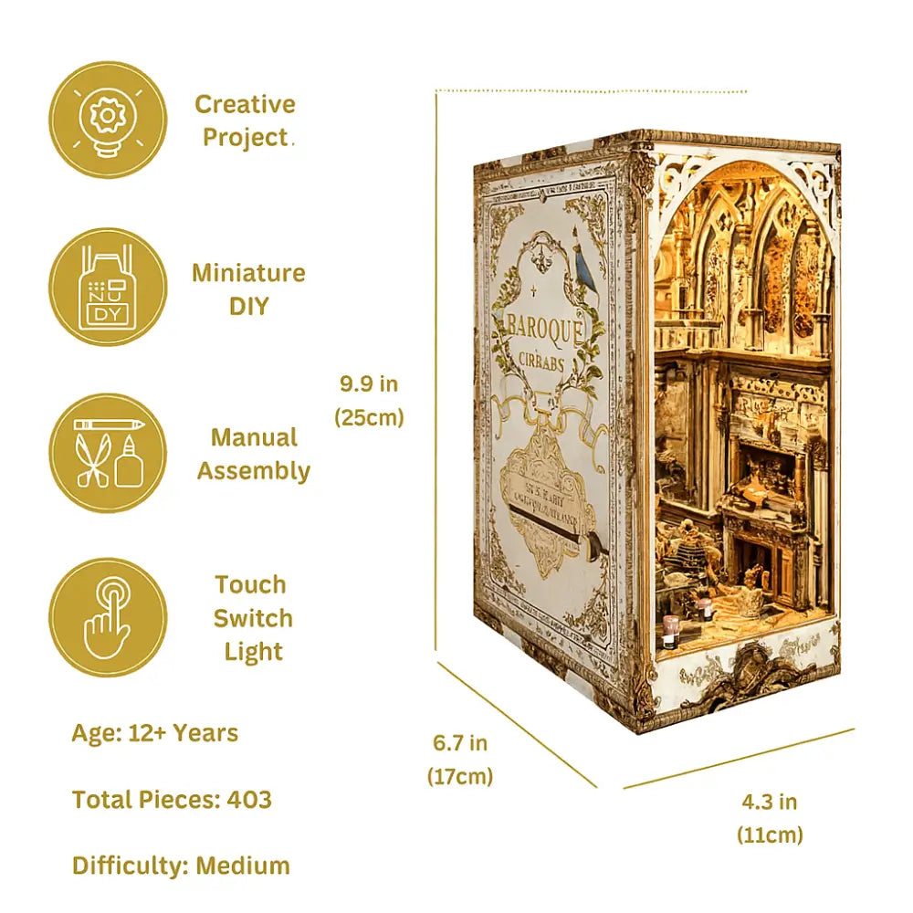 Baroque Dreams miniature model kit with dimensions and features on a white background