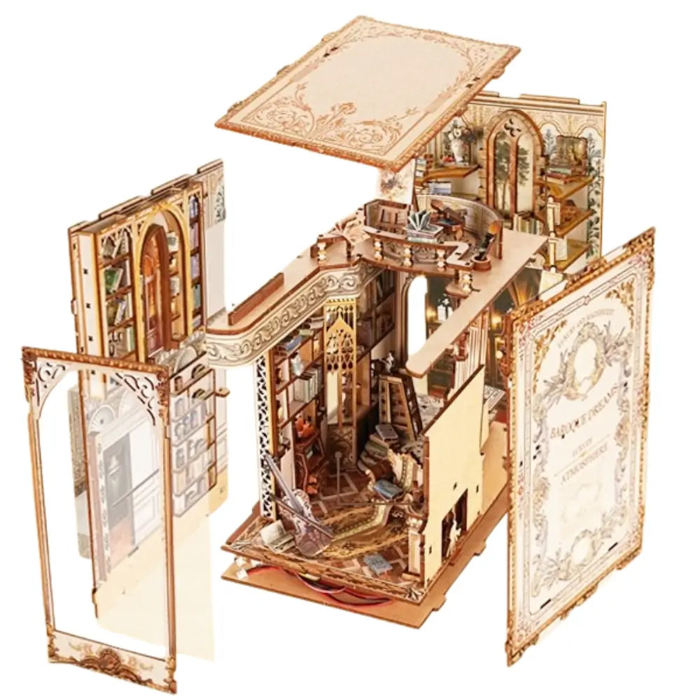 Wooden model of a detailed house with open doors on a white background