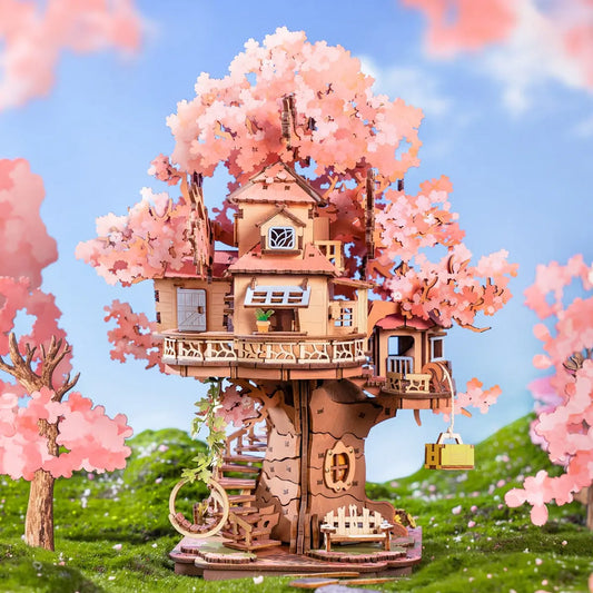 Sakura tree house wooden puzzle with cherry blossoms