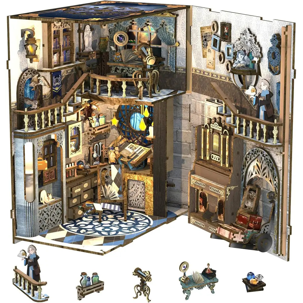 Detailed model of a miniature house with intricate furniture and decor.