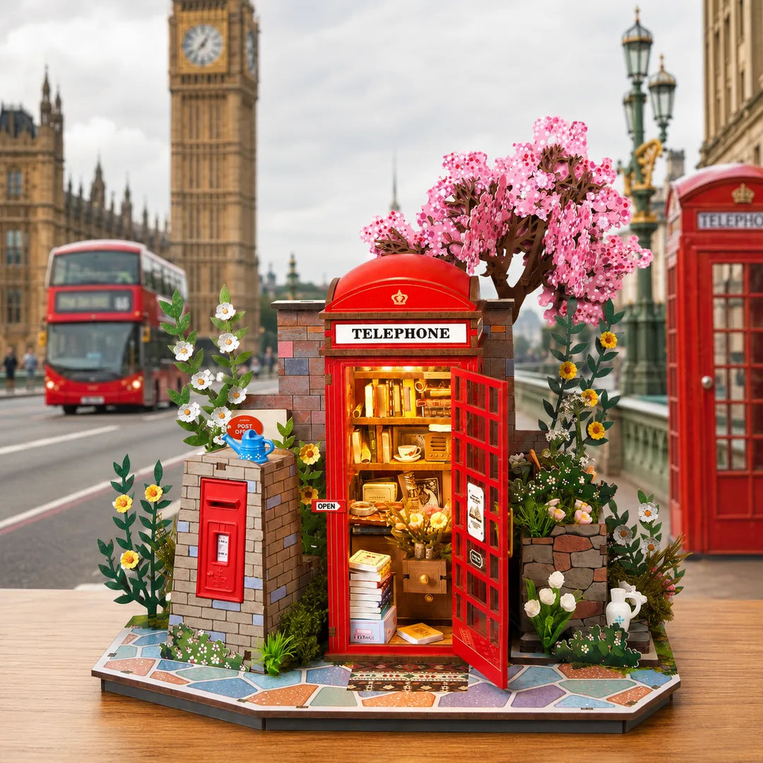 Blossom Corner DIY Book Nook displayed beside iconic London landmarks and red telephone booth