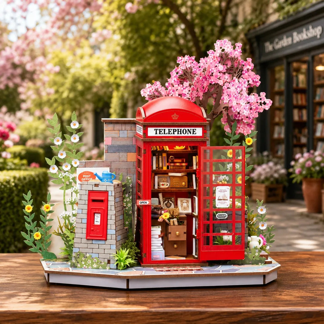 Blossom Corner DIY Book Nook miniature with blooming cherry blossom backgroun