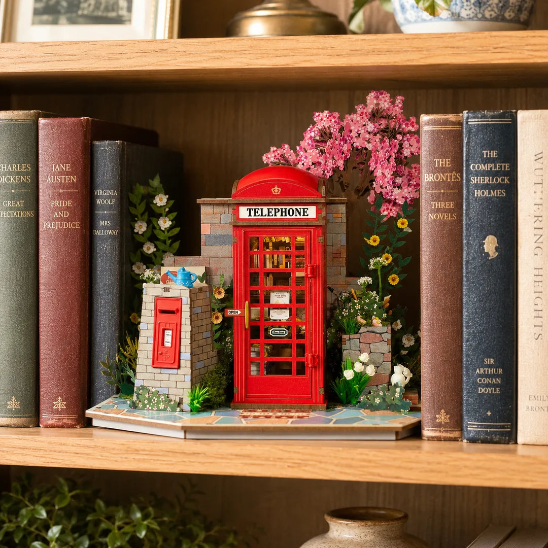 Blossom Corner DIY Book Nook displayed in a classic English library interior