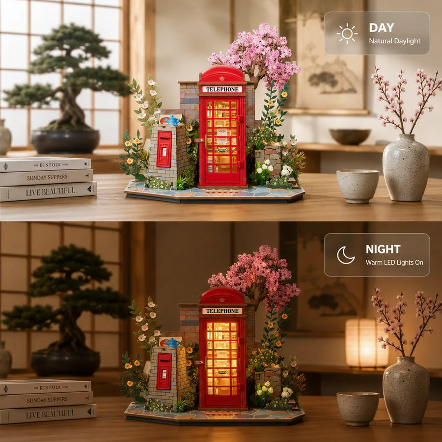 Blossom Corner DIY Book Nook day and night LED lighting comparison