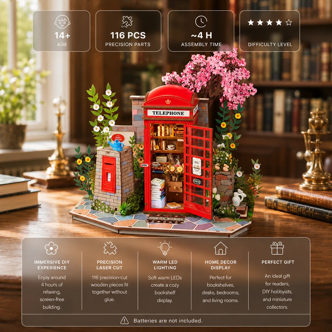 Blossom Corner DIY Book Nook features including DIY assembly, LED lighting, home decor, and gift idea