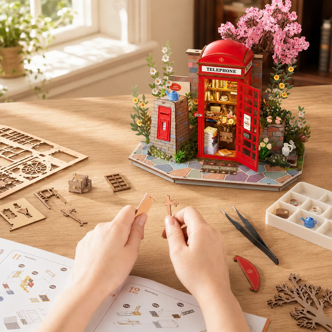 Close-up details of the Blossom Corner DIY Book Nook interior craftsmanship
