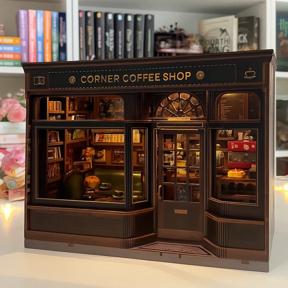Model of a corner coffee shop with detailed interior and 'Corner Coffee Shop' sign.