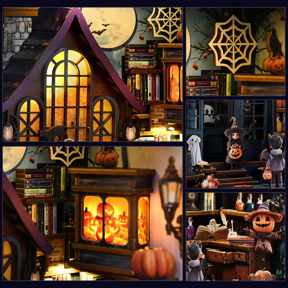 Collage of a Halloween-themed dollhouse with pumpkins, ghosts, and books.