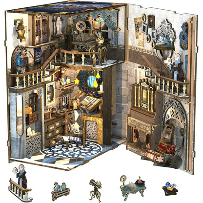 Detailed model of a miniature house with intricate furniture and decor.