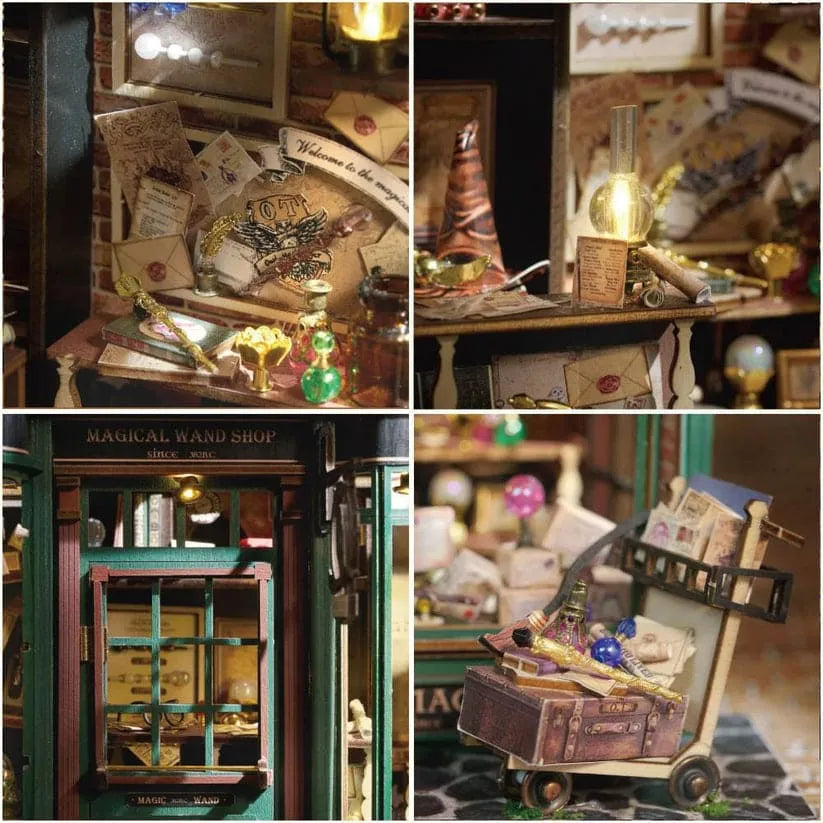 Interior view of 3D wizard magic shop book nook showing spellbooks and magical artifacts