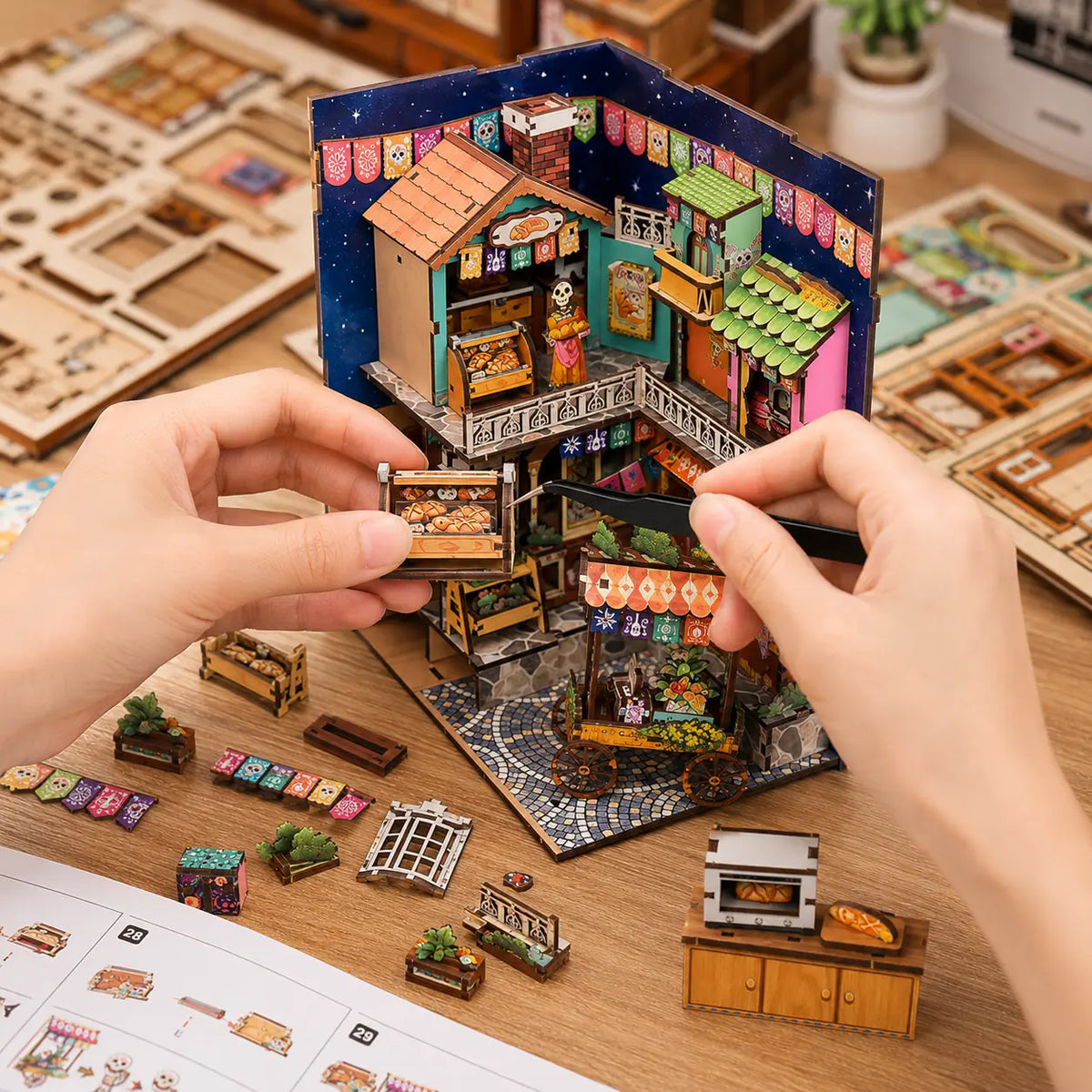 Detailed market stalls and characters inside Marigold Plaza
